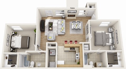 Floor plan for 2 beds, 2 baths, 978 sqft